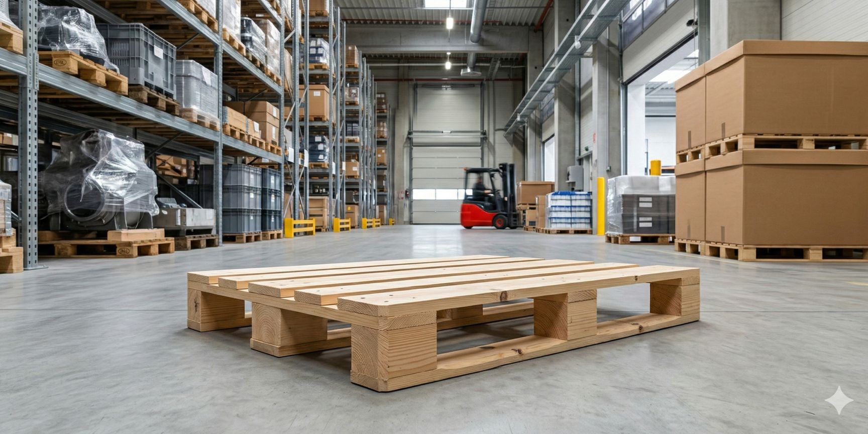 Nahaufnahme einer hochwertigen Holz-Industriepalette (1200x1000 mm) auf einem Betonboden in einem modernen Hochregallager. Im Hintergrund sind volle Regale und ein Gabelstapler zu sehen. Fokus auf Holzstruktur und präzise Bauweise